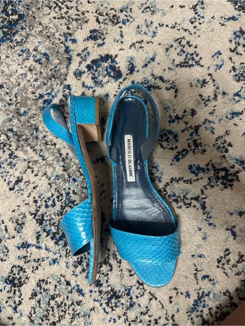 Manolo Blahnik Patopia Turquoise Exotic Embossed Sandals Low Block Heel